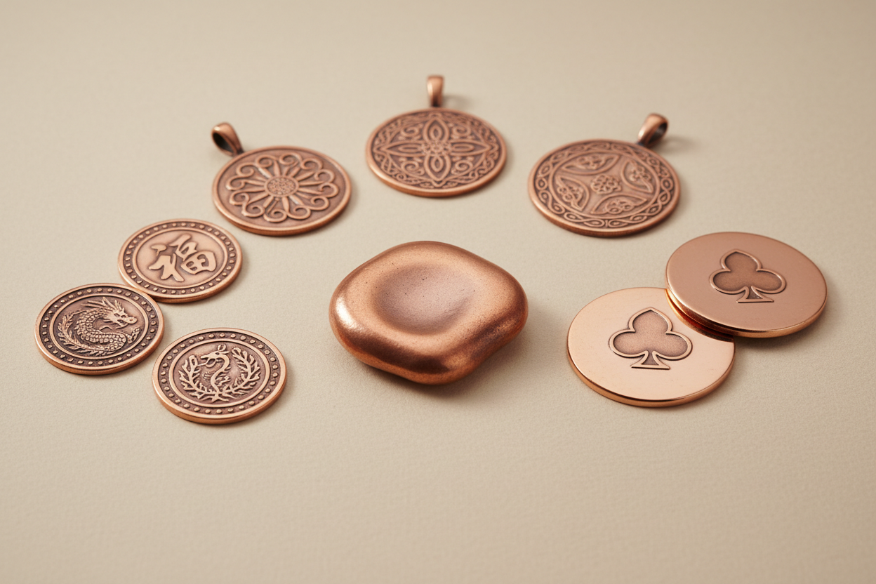 show me some copper jewelry that is made out of 99.9 % copper.  including pendants, lucky copper coins, poker card protectors and featuring the "no worry coin".  The shape of the worry coin is of random rocks that are river and flattened.  the dimensions are 1/2" tall and 1" circumference 